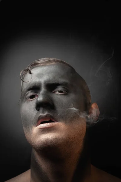 Close Portrait Handsome Guy Makeup Blows Smoke Stock Art Photo — 스톡 사진