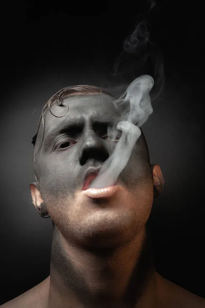Close Portrait Handsome Guy Makeup Blows Smoke Stock Art Photo — 스톡 사진