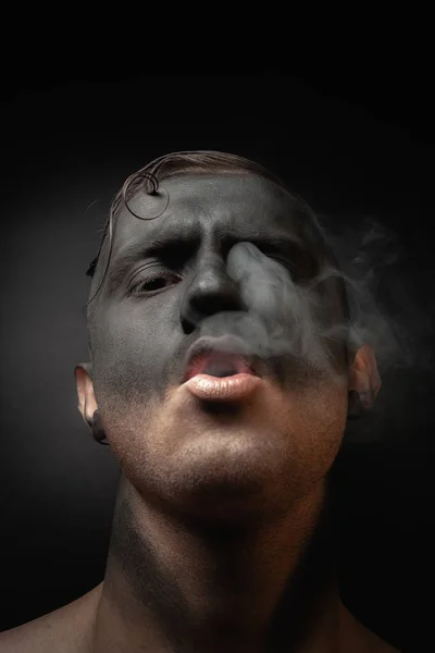 Close Portrait Handsome Guy Makeup Blows Smoke Stock Art Photo — 스톡 사진