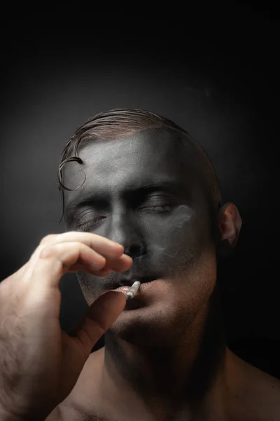 Close Portrait Handsome Guy Makeup Blows Smoke Stock Art Photo — 스톡 사진