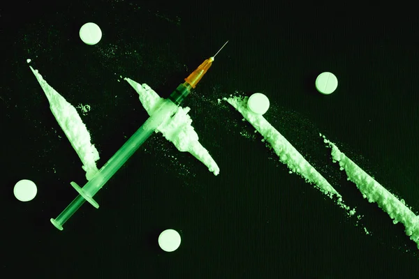 Different Drugs Dark Background Stock Photo Addiction Concept — 스톡 사진