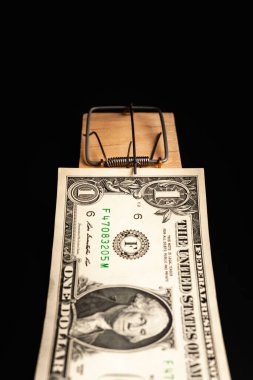 Siyah arka planda fare kapanındaki dolar. Para şeklinde bir yem..