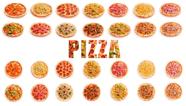 Pizza Isoliert Auf Weißem Hintergrund Und Das Texturierte Wort Pizza — Stockfoto