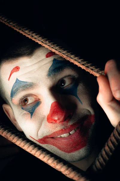 Close Portrait Joker Man Stock Photo Makeup Joker Horror Room — Stock Photo, Image