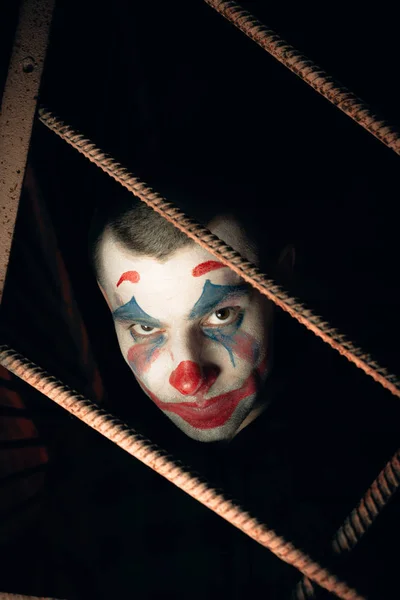 Portret Żartownisia Bliska Fotografia Makeup Joker Pokoju Horror — Zdjęcie stockowe