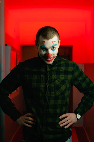 Nahaufnahme Porträt Eines Spaßvogels Archivfoto Make Joker Einem Horrorraum — Stockfoto