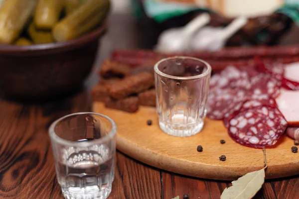 Traditional Drink Vodka Glasses Snack Form Cold Cuts Bacon Cucumbers — Stock Photo, Image