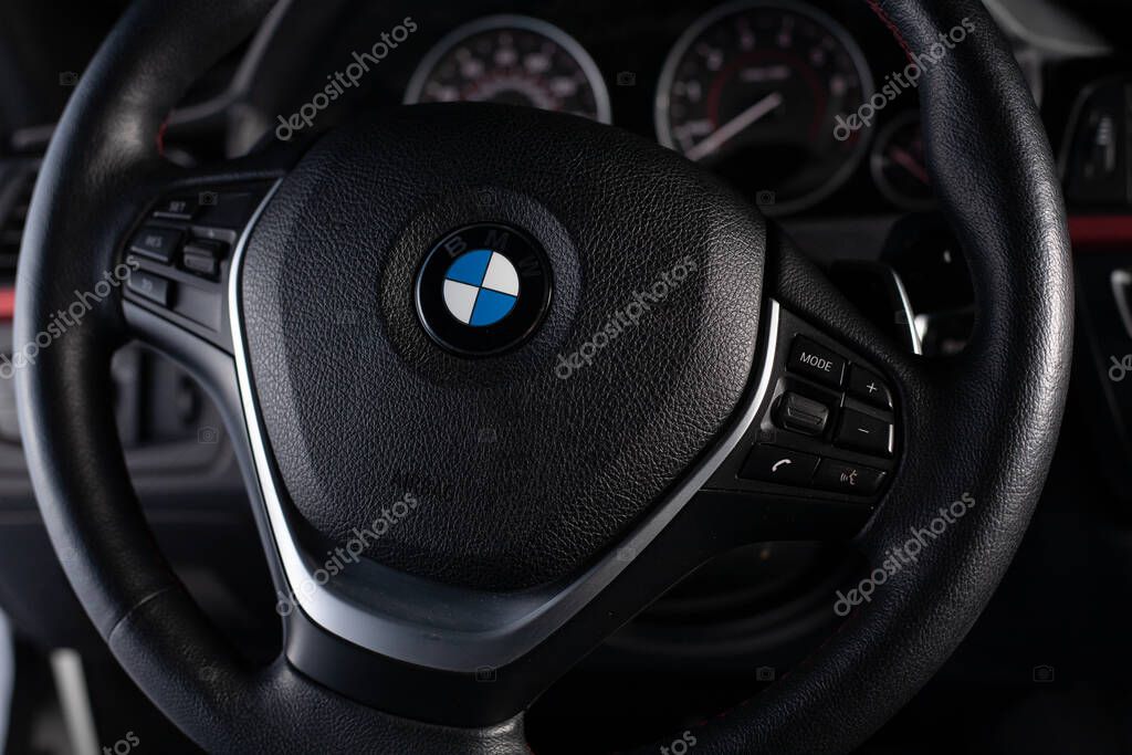 Zaporizhia, Ukraine, March 8, 2020. Black interior of the BMW 328i.