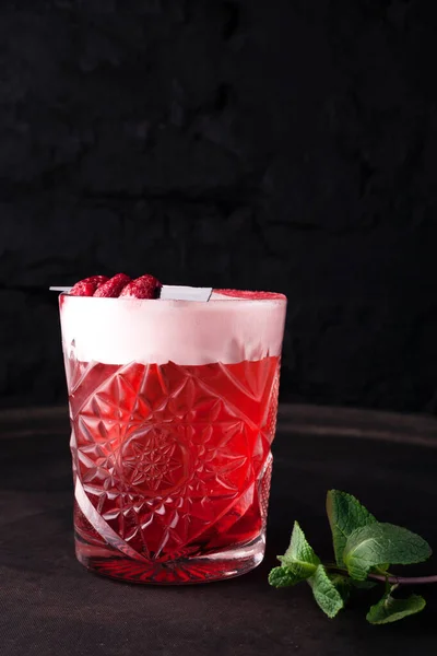Red Sweet Berry Cocktail Froth Decorated Raspberries Skewer Glass — Stock Photo, Image