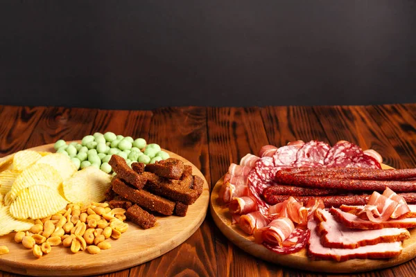 Assorted Beer Snacks Wooden Table Copy Space Sausage Ham Bacon — Stock Photo, Image