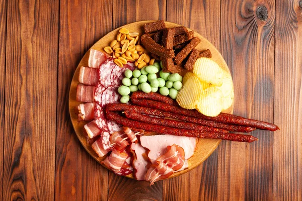 Assorted Beer Snacks Wooden Table Copy Space Sausage Ham Bacon — Stock Photo, Image