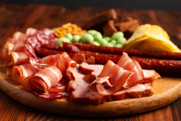 Assorted Beer Snacks Wooden Table Copy Space Sausage Ham Bacon — Stock Photo, Image