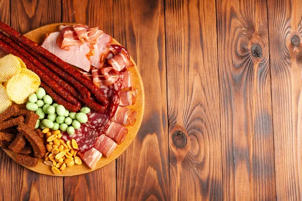 Assorted Beer Snacks Wooden Table Copy Space Sausage Ham Bacon — Stock Photo, Image