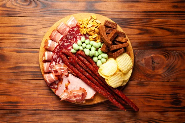 Assorted Beer Snacks Wooden Table Copy Space Sausage Ham Bacon — Stock Photo, Image