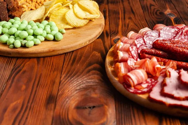 Assorted Beer Snacks Wooden Table Copy Space Sausage Ham Bacon — Stock Photo, Image