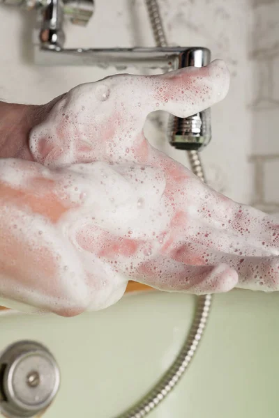 Hygiene Quarantined Coronavirus Prevention Male Hands Close Bathroom — Stock Photo, Image
