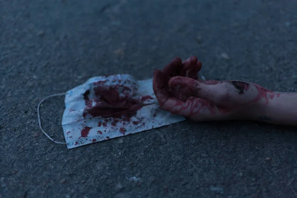 Medical Bloodied Mask Lies Ground Bloody Hand Reaching Out Concept — Stock Photo, Image