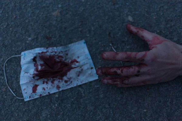 Medical Bloodied Mask Lies Ground Bloody Hand Reaching Out Concept — Stock Photo, Image