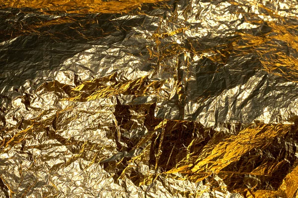Textur Einer Dünnen Zerknüllten Folie Zerknüllte Folie Hintergrund Archivfotofolie Gold — Stockfoto