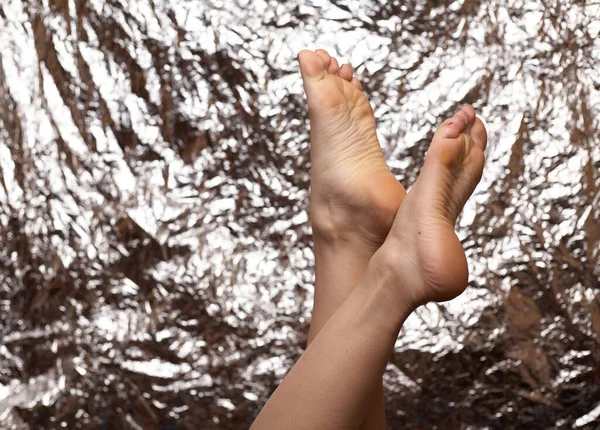 Beautiful Female Feet Beautiful Background Form Foil Fashionable Photo Female — Stock Photo, Image