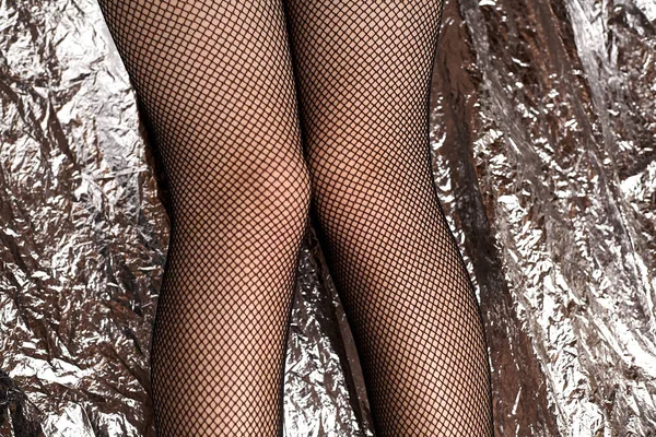 Beautiful Female Legs Mesh Tights Stock Fashionable Black Mesh Tights — Stock Photo, Image