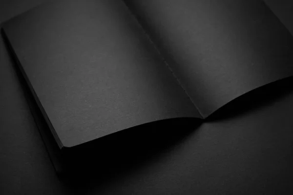 Blank Black Notebook Black Table Mockup Photo Blank Black Cover — Stock Photo, Image
