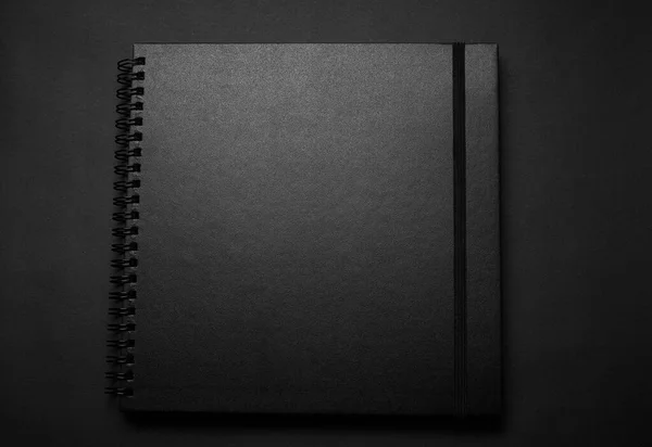 Blank Black Notebook Black Table Mockup Photo Blank Black Cover — Stock Photo, Image