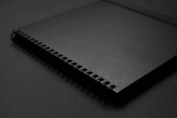 Blank Black Notebook Black Table Mockup Photo Blank Black Cover — Stock Photo, Image