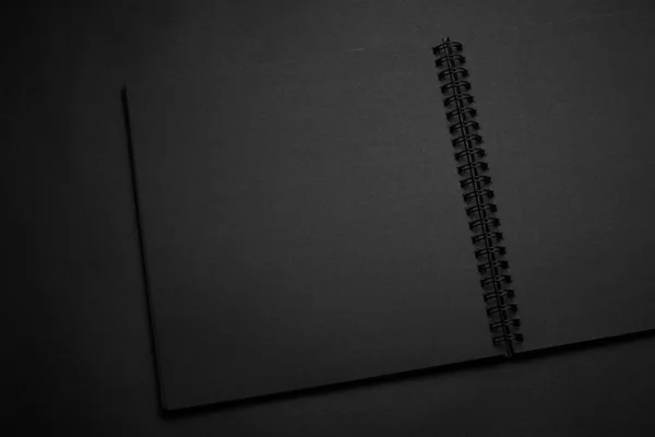 Blank Black Notebook Black Table Mockup Photo Blank Black Cover — Stock Photo, Image