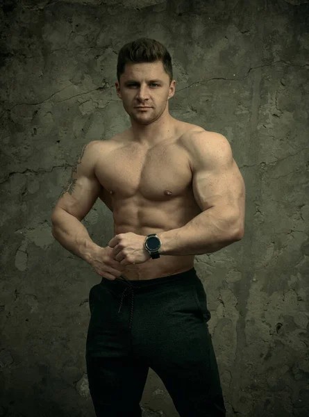 Snygg Muskulös Man Poserar Betong Vägg Bakgrund Begreppet Fitness Bodybuilding — Stockfoto