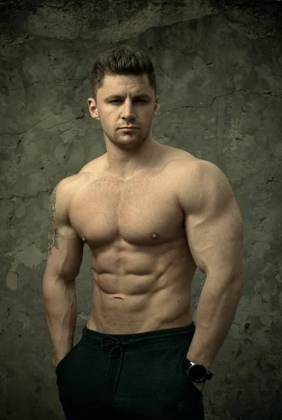 Handsome Muscular Man Posing Concrete Wall Background Concept Fitness Bodybuilding — Stock Photo, Image