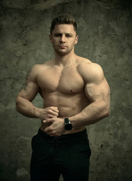 Snygg Muskulös Man Poserar Betong Vägg Bakgrund Begreppet Fitness Bodybuilding — Stockfoto