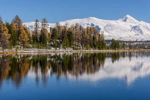 Sjön bergen speglar snö hösten — Stockfoto