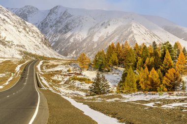 dağlar yol kar sonbahar ağaçlar