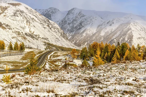 Bergen road snö höstträd — Stockfoto