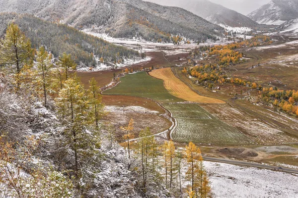 Berge Tal Felder Schnee fallen Luftaufnahme — Stockfoto