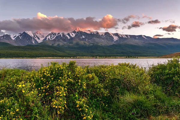 Solnedgången sjön berg blommor sky Stockfoto