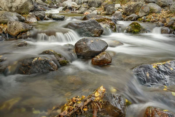 Água do rio pedras folhas outono — Fotografia de Stock