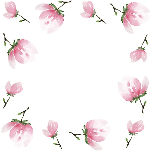 Bloemen Decoratie Frame Met Roze Magnolia Bloemen Geïsoleerd Wit — Stockfoto