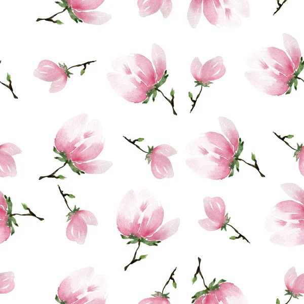 Watercolor Seamless Repeat Pattern Pink Magnolia Flowers Painted Floral Decoration — Stock Photo, Image