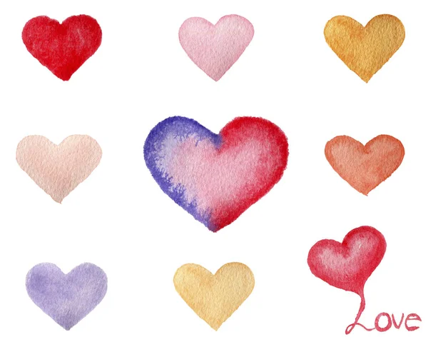 Beyaz Arkaplanda Izole Edilmiş Suluboya Kalpler Seti Renkli Kalp Tasarım — Stok fotoğraf