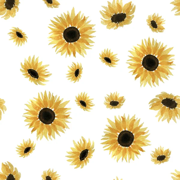 Sada Slunečnic Izolované Bílém Pozadí Bezproblémové Opakování Vzor Akvarelem Slunečnicové — Stock fotografie