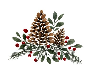 Koniler, böğürtlenler ve köknar ağacı ile noel süslemesi, suluboya kış tatili tasarımı beyaza izole edilmiş, kart için noel şablonu 