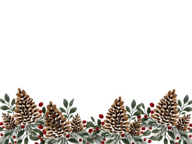 Çam kozalakları, böğürtlen ve köknar ağacıyla suluboya Noel şablonu tasarımı, metin alanı için fotokopi alanı ile geleneksel noel kartı dekorasyonu