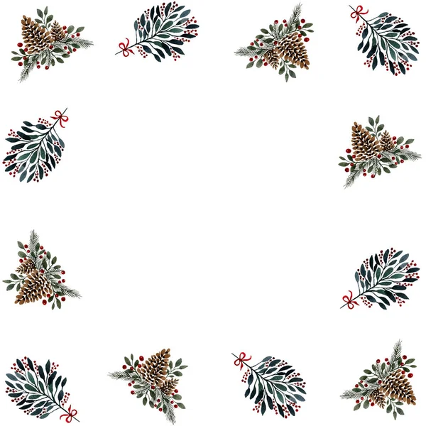 winter holidays frame with watercolor winter elements - mistletoe, pine cones and fir tree, christmas frame for card or invitation with copy space for text