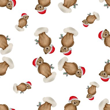 Islak desenli, suluboya ayıcık Noel Baba şapkası takıyor, kış tatili desenli.