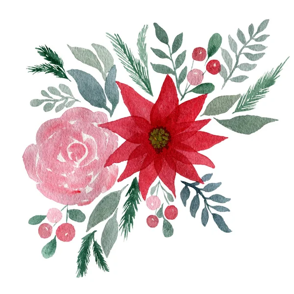 Акварельный Цветочный Фон Зимним Букетом Цветочный Дизайн Цветами Пуансеттии Розовая — стоковое фото