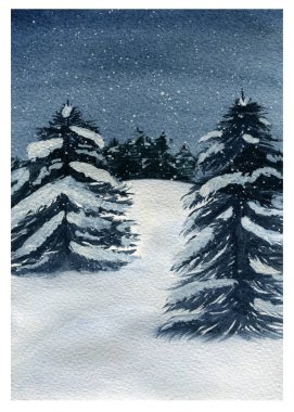 Sonsuza dek yeşil ağaçlar ve karla kaplı kış manzarası, suluboya kış ormanı manzarası