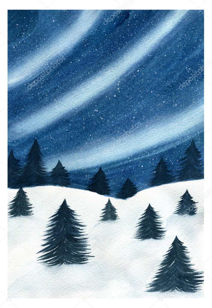 winter forest landscape with northern lights, blue monochrome  watercolor painting