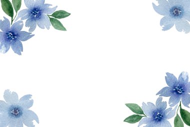Mavi suluboya çiçekleri ve kopya alanı olan çiçek sınırı, düğün, kart ya da davetiye için suluboya çizim tasarımı